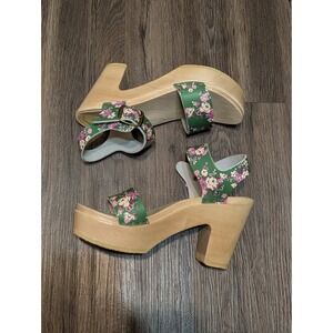 No.‎ 6 Floral Green Leather Heeled Clogs Sandals Wood Platform Size 38